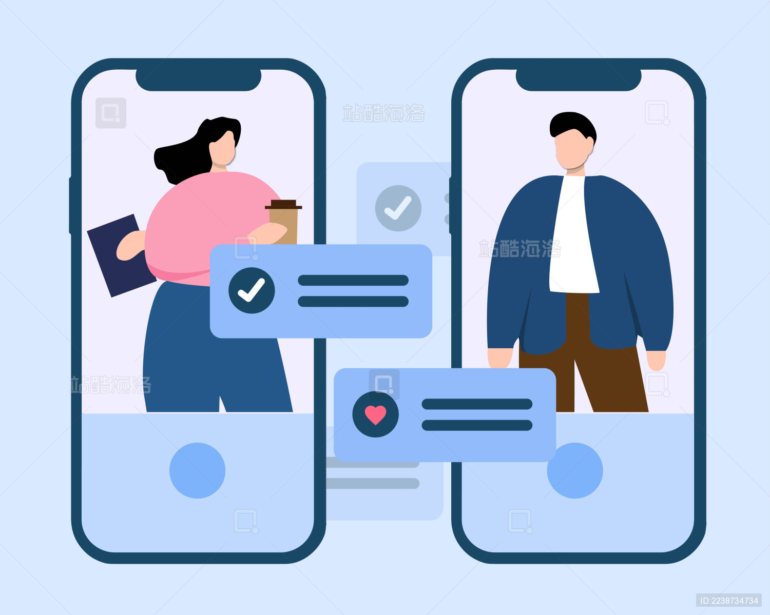 男人和女人用手机发信息沟通项目相关事务