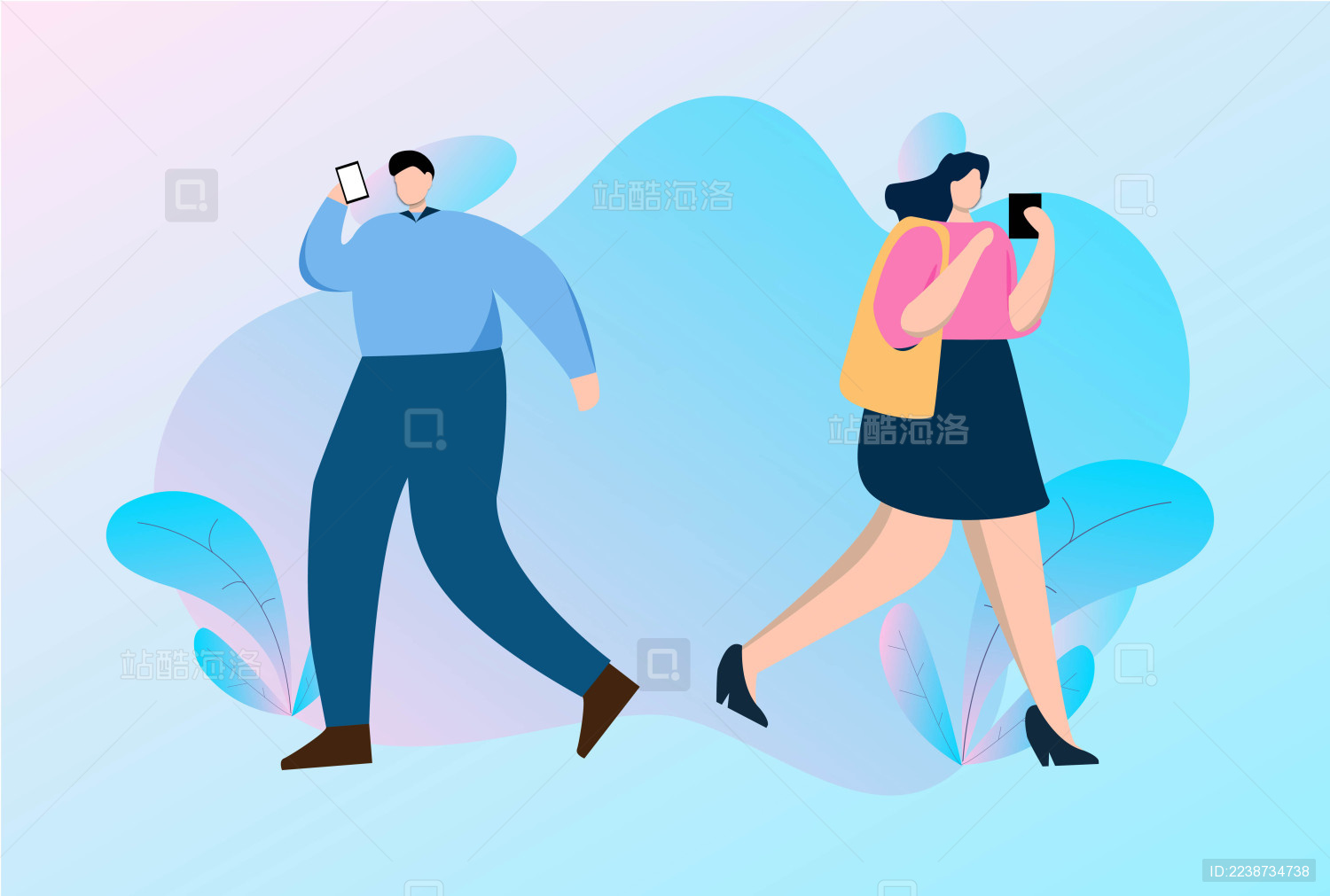 男人和女人走路时用手机沟通相关事务