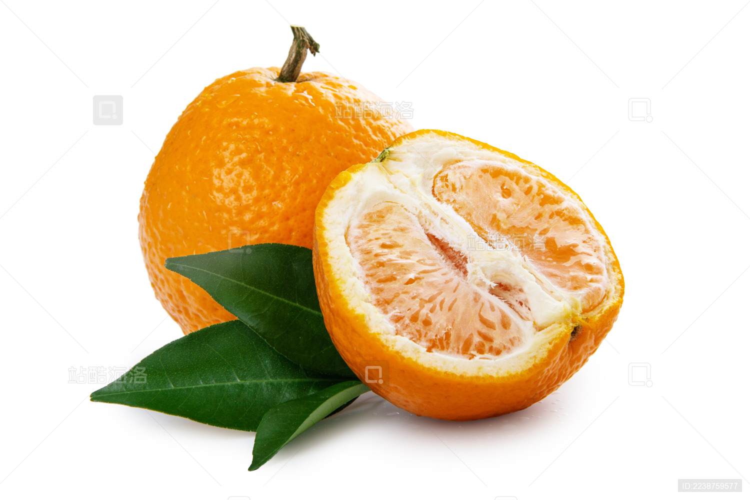 青见柑和剥开果肉带绿叶子白底