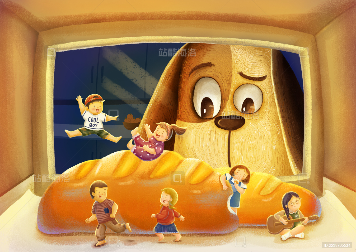 小狗发现了烤箱里在玩耍的小孩