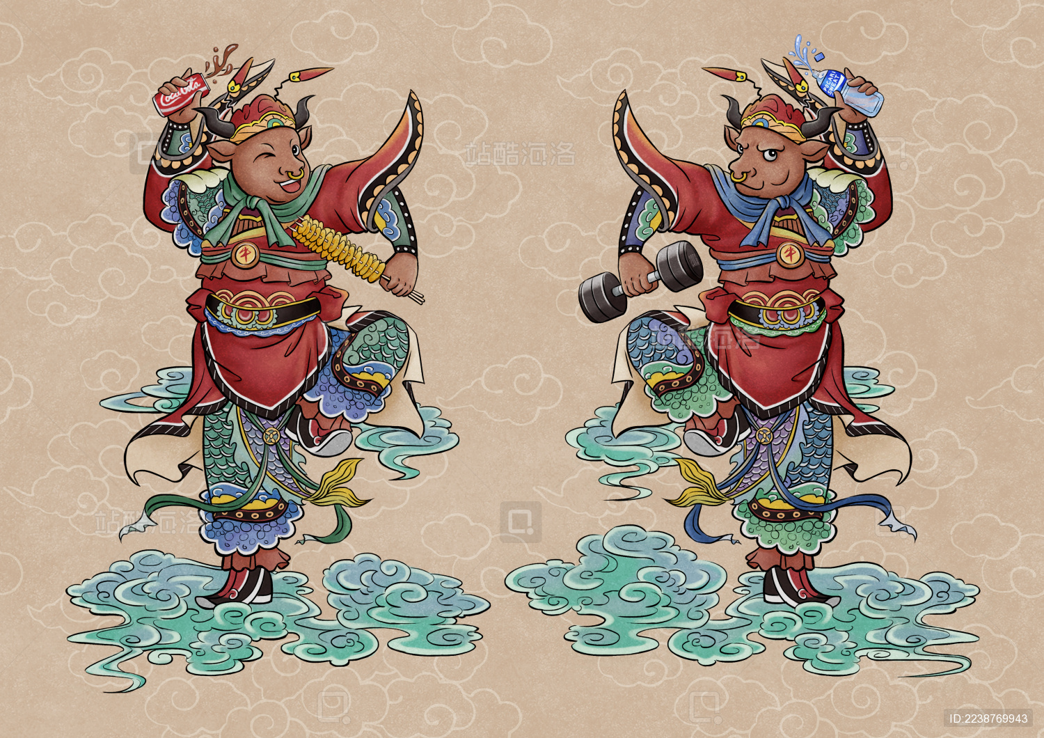 趣味双牛门神（无边框）