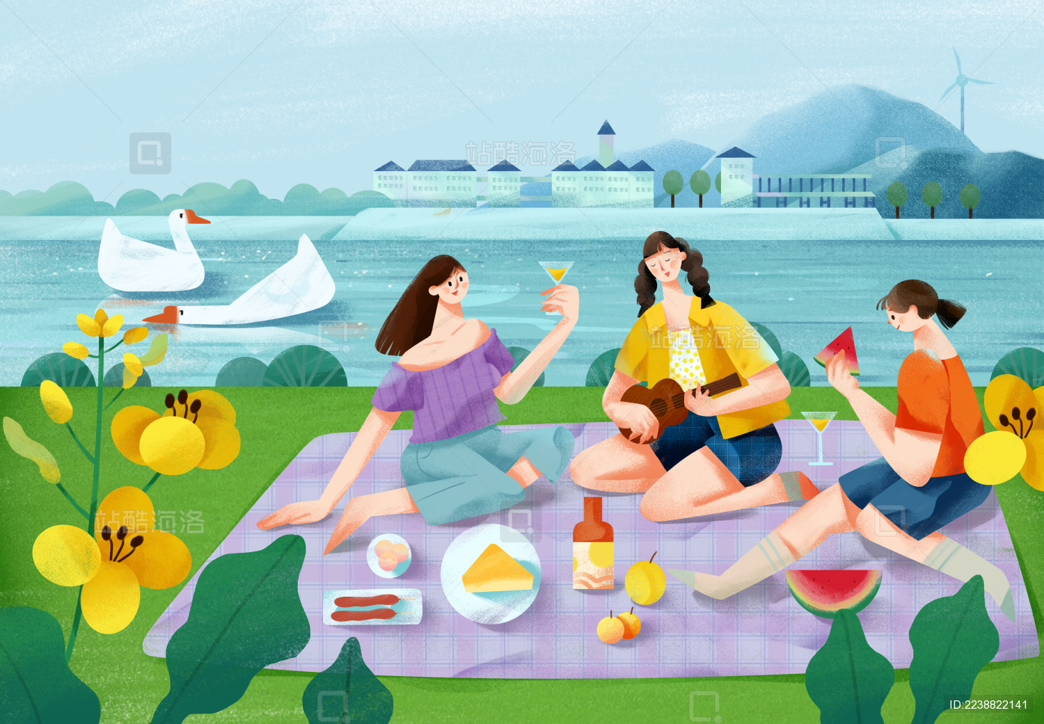 女孩在湖边野餐