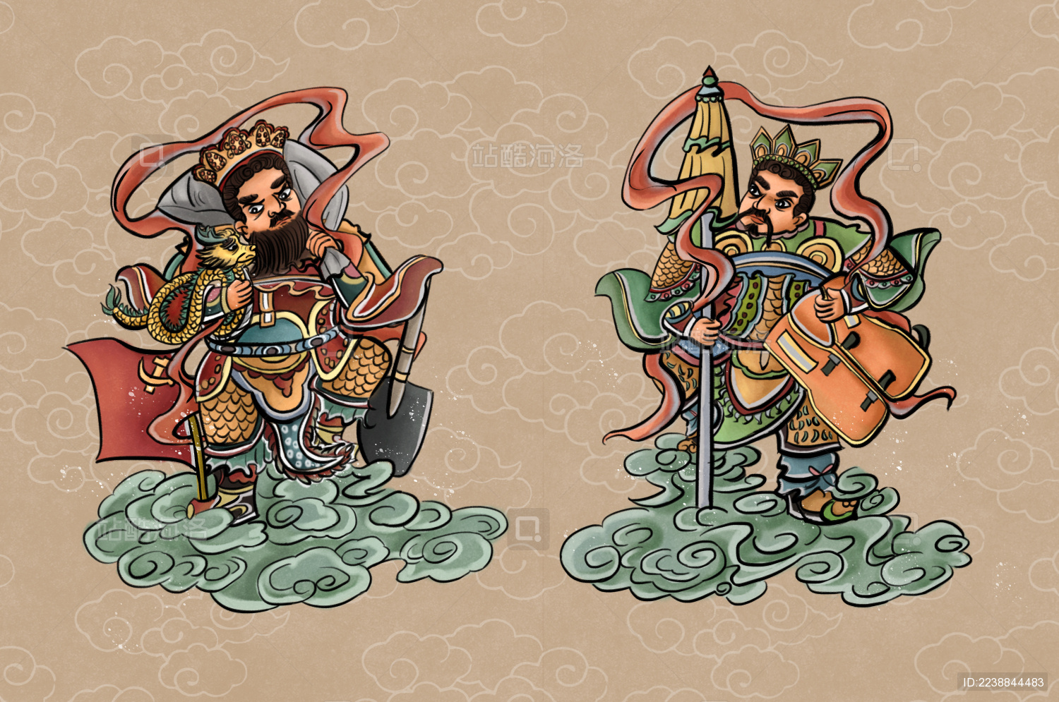 佛教中两大天王拿着各自法器和抗洪工具驾云