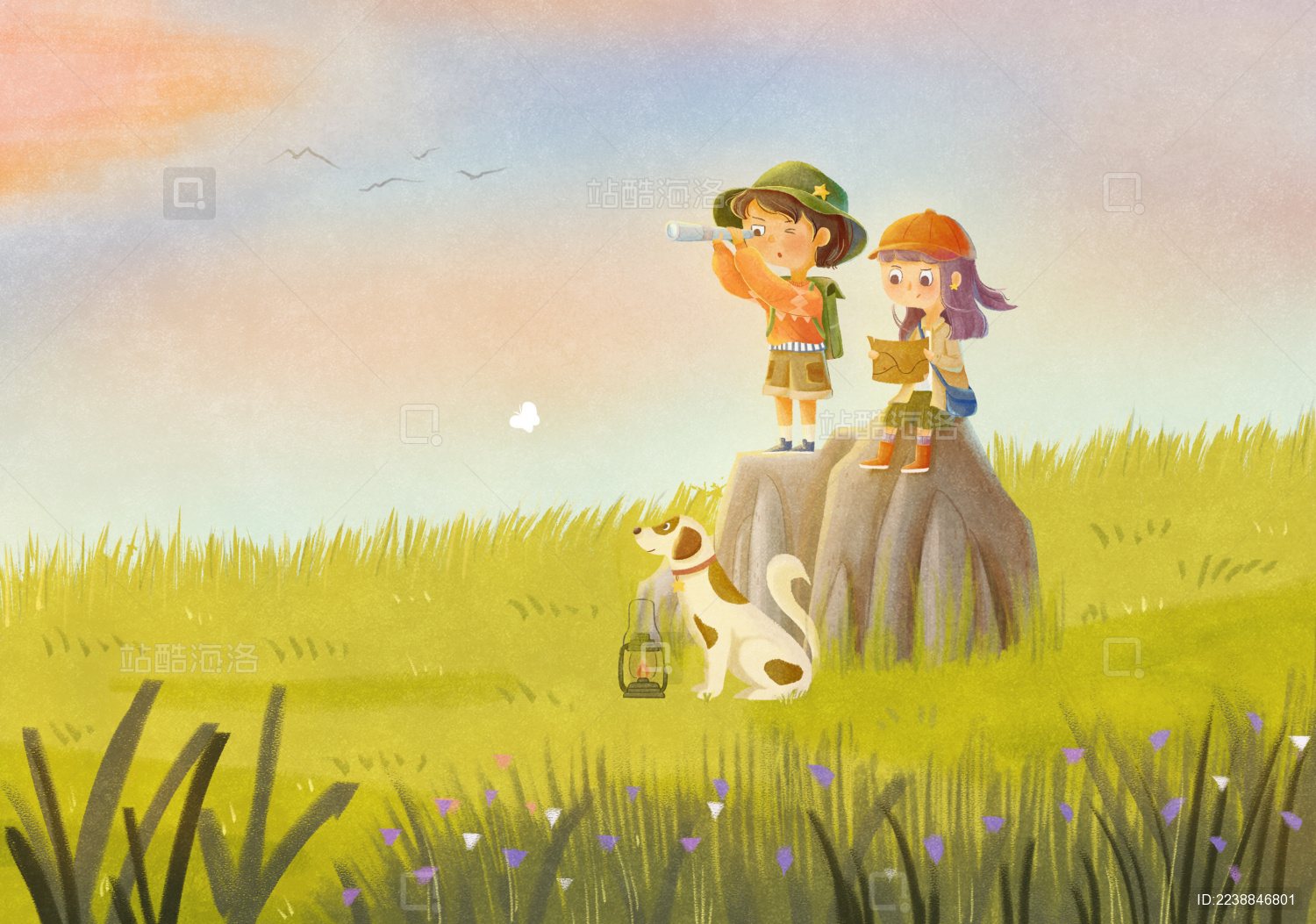 黄昏时分两个小孩在草原上探险