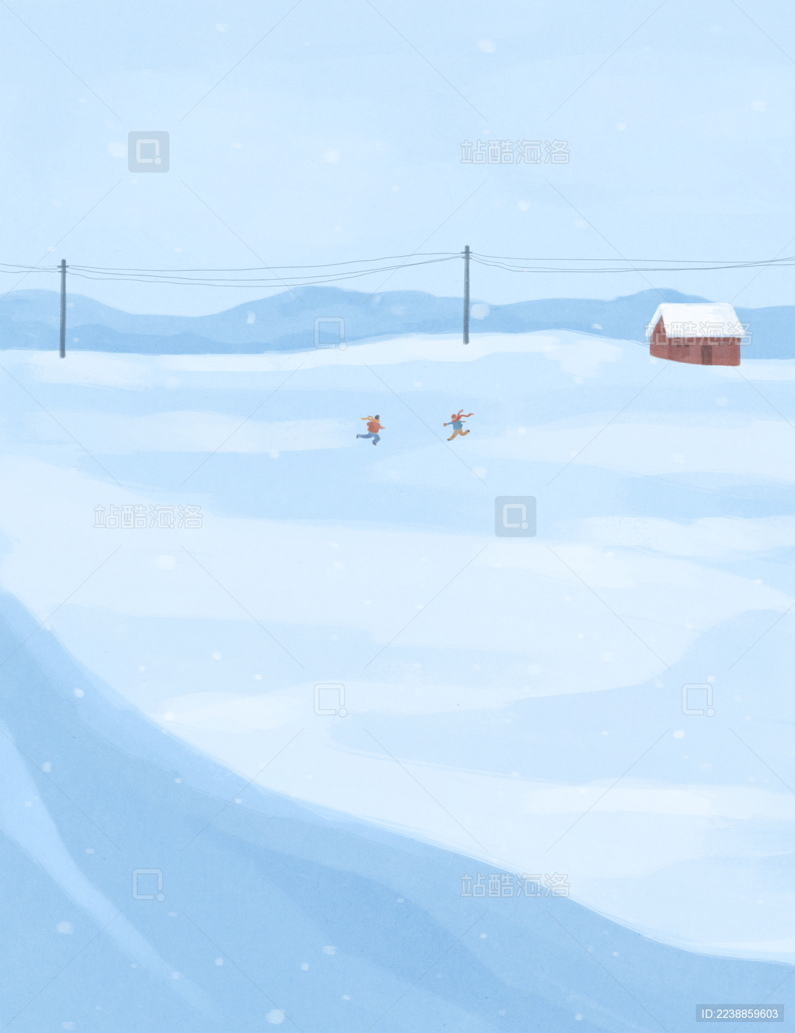 雪地上玩耍的孩子节气小清新插画小寒