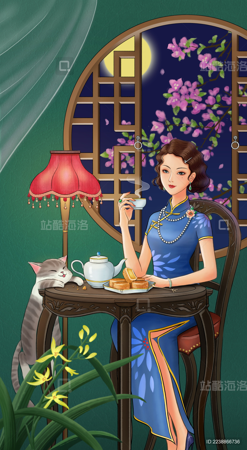 旗袍民国小资馅饼饮茶中秋赏月