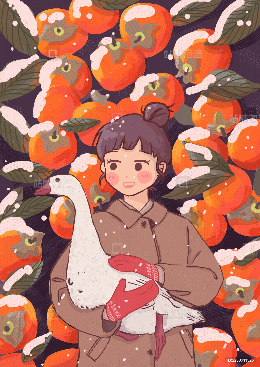 雪中抱着鹅的女孩