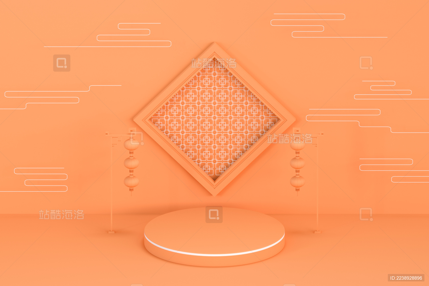 橙色中国风元素展示台 3D渲染