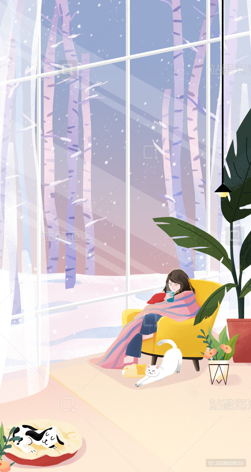 冬季温暖室内女孩手绘插画