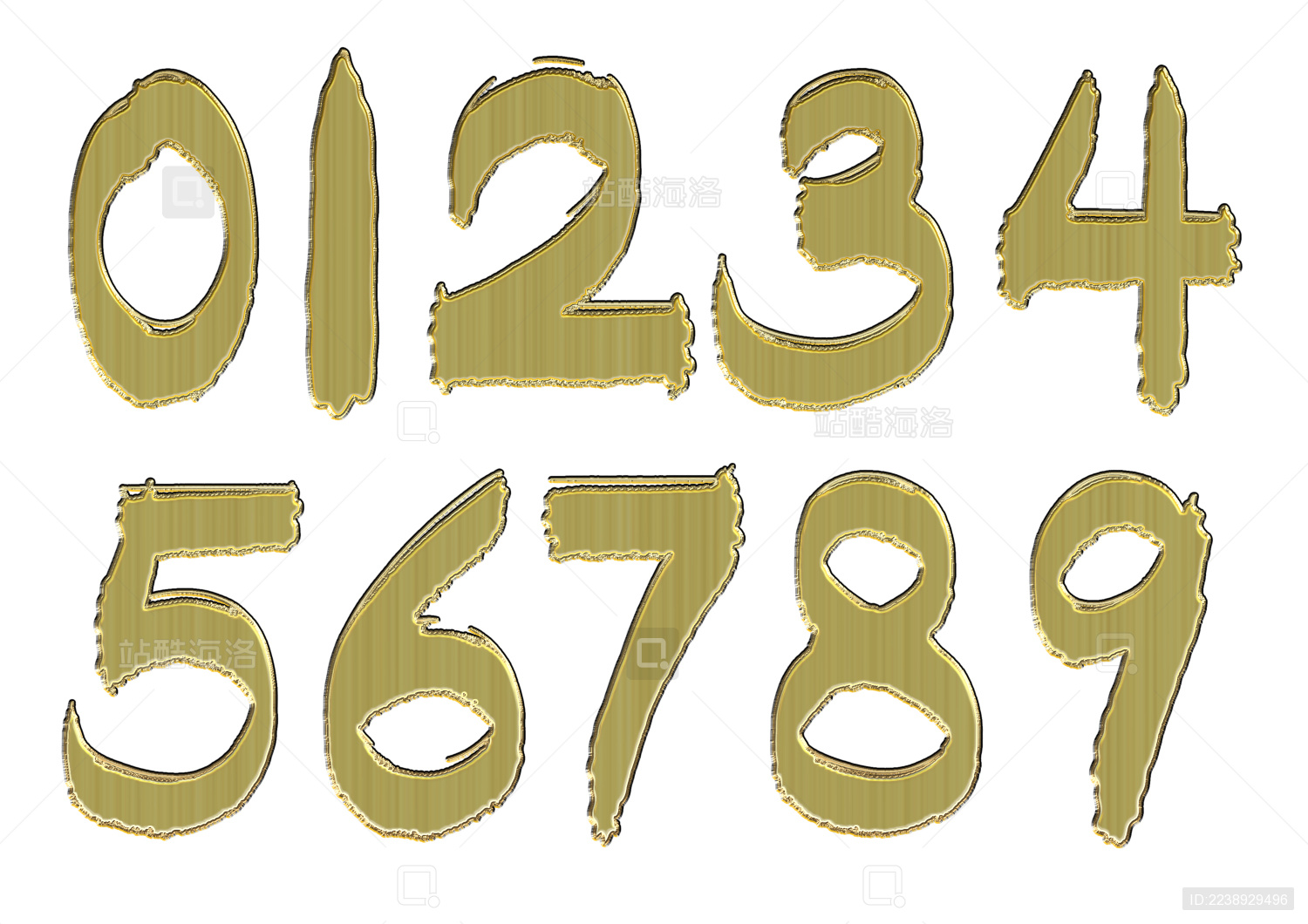 0-9阿拉伯金色拉丝毛笔数字和白的背景