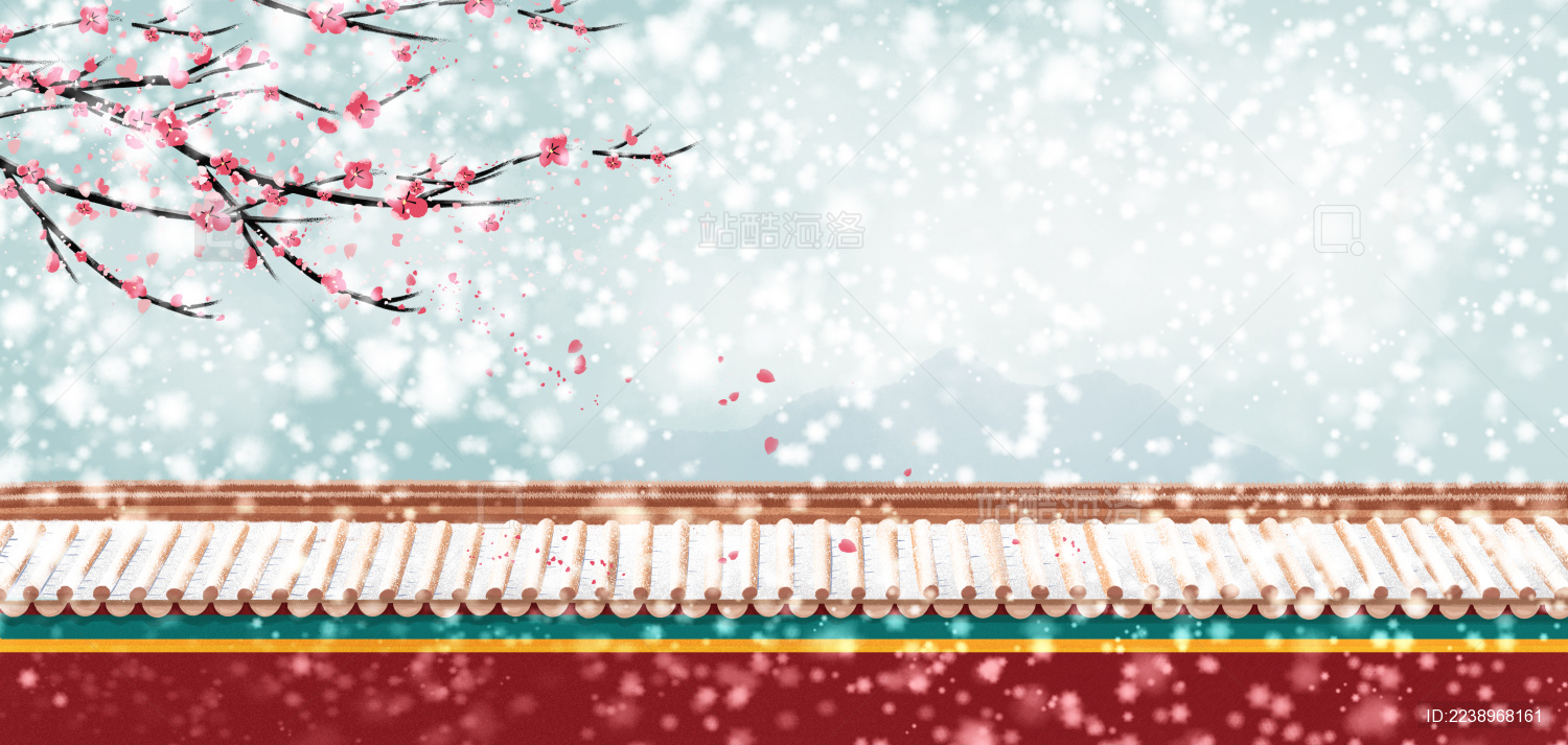 冬季大雪中唯美红墙梅花开落花古风水墨插画