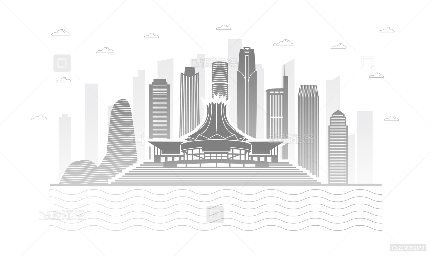 中国广西省南宁市城市天际线矢量插画灰色