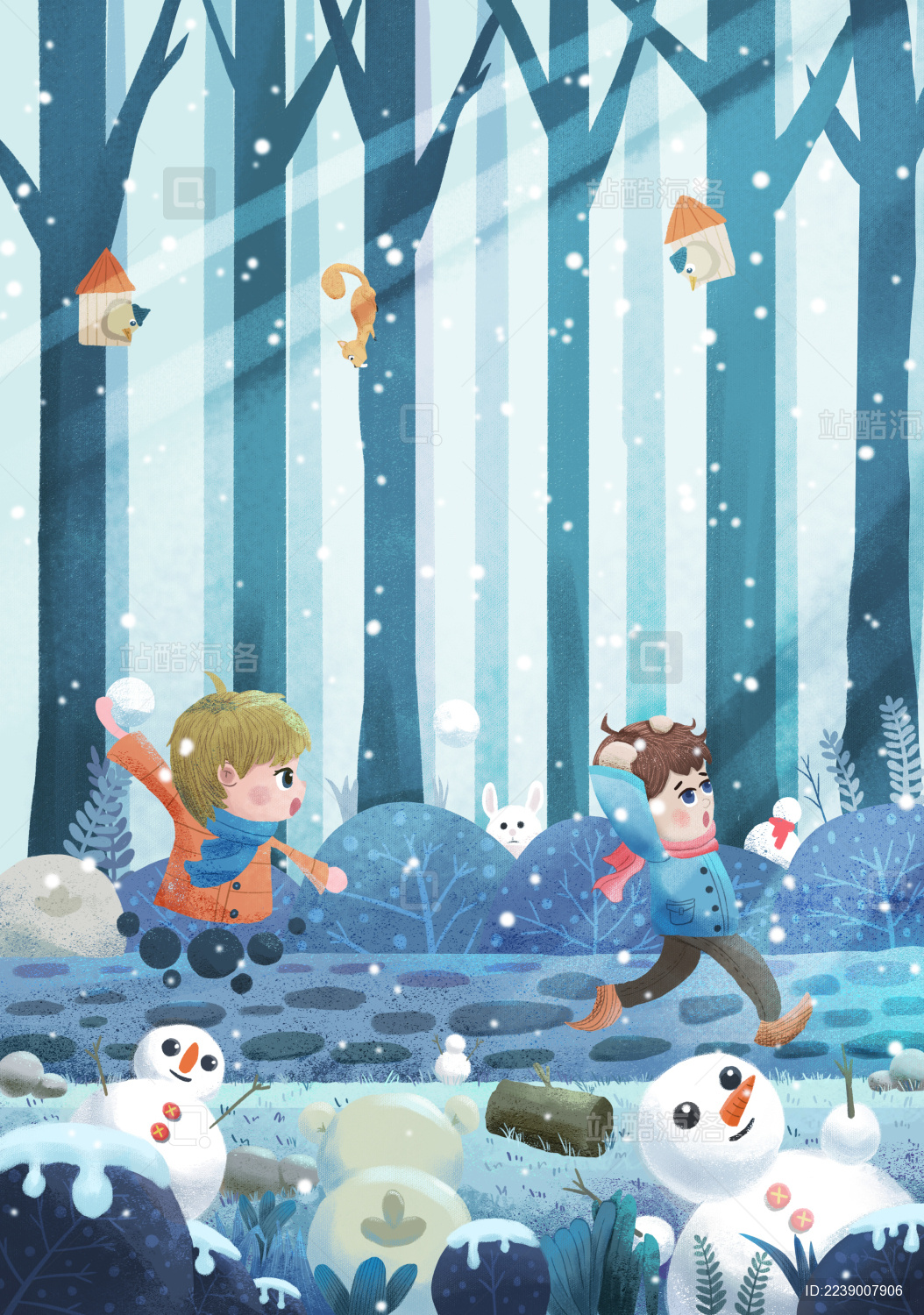 两个小孩在雪地森林打雪仗