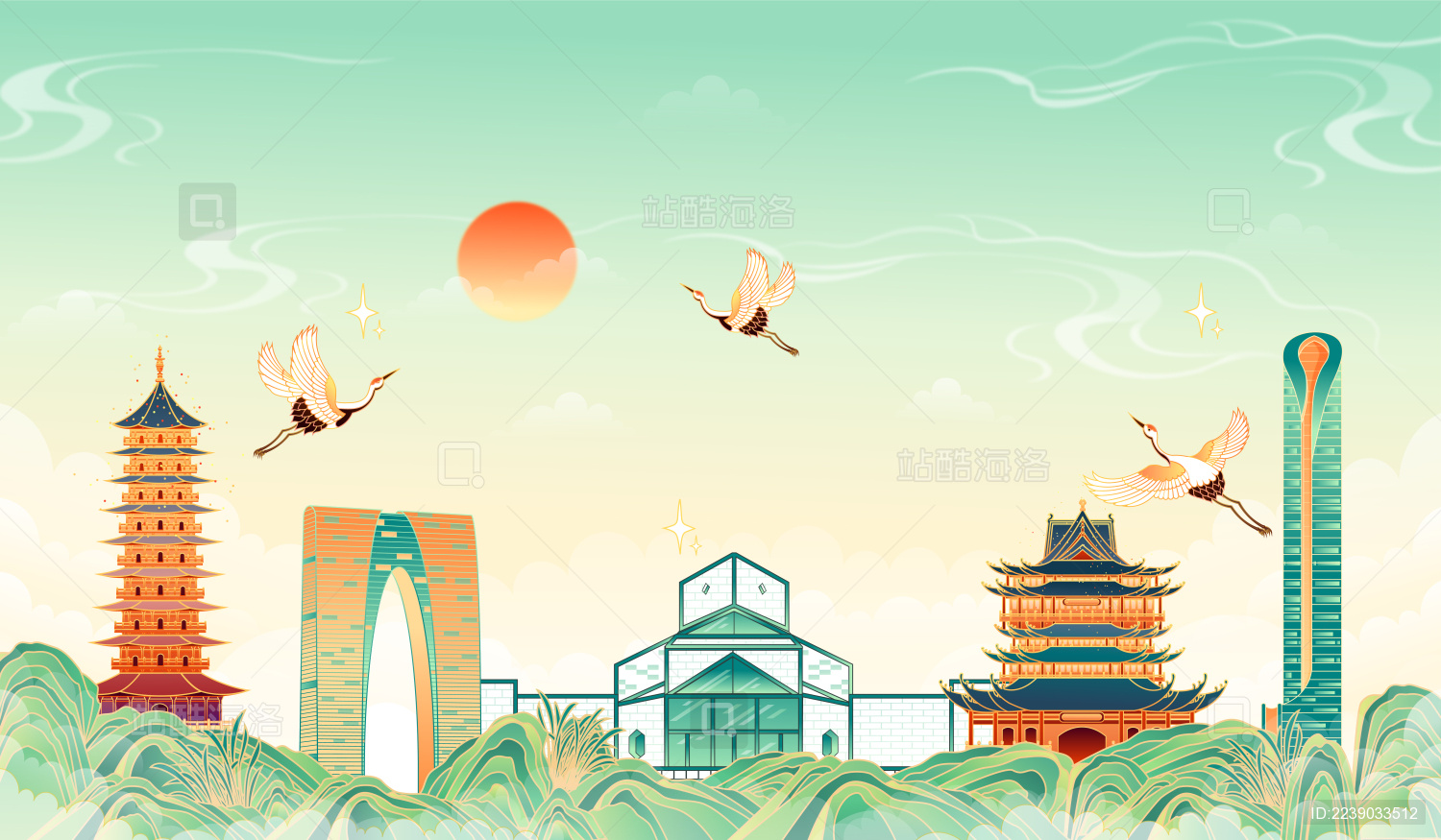 江苏省苏州城市建筑矢量插画