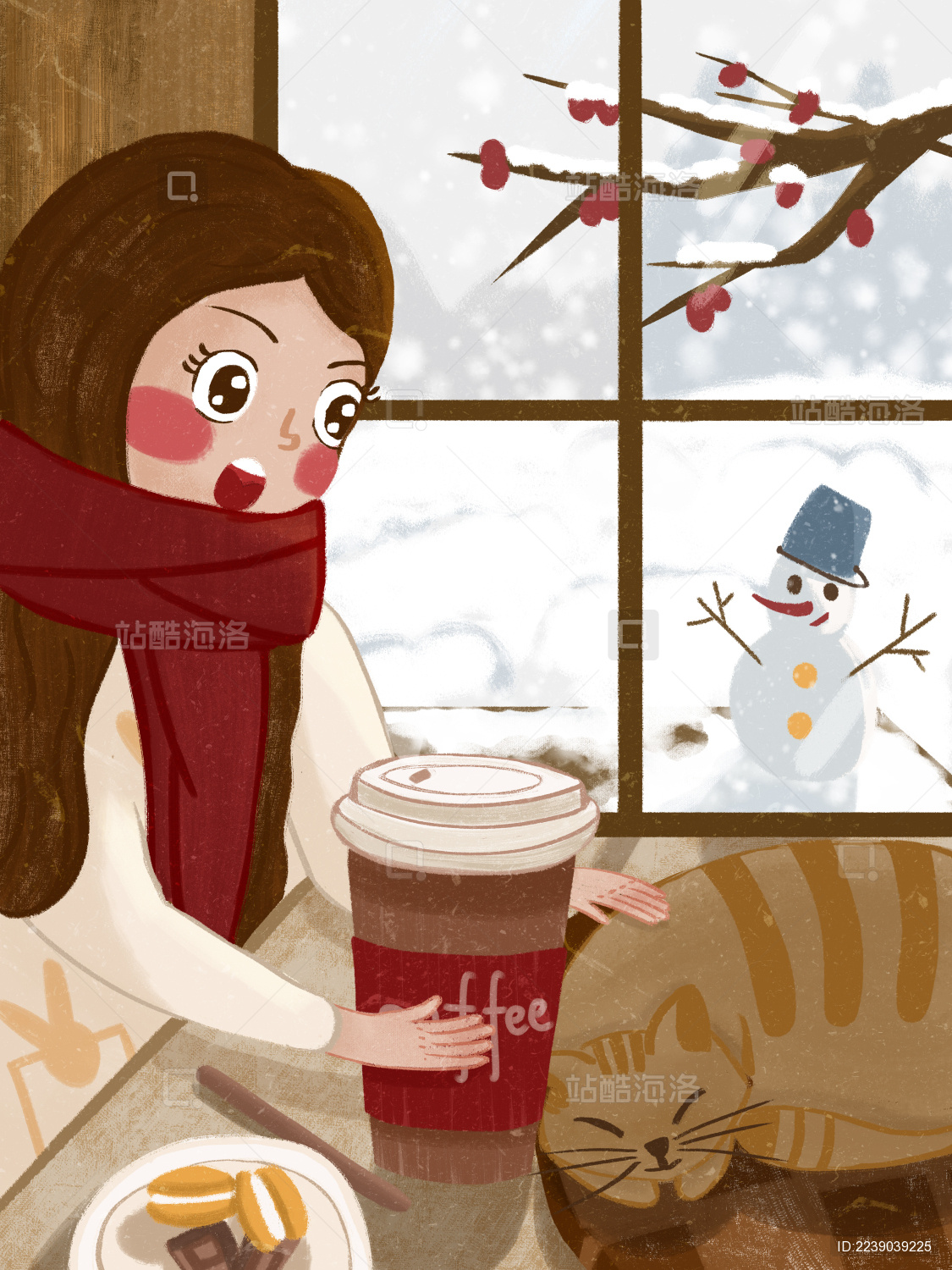 温暖冬日窗边喝咖啡可爱儿童插画