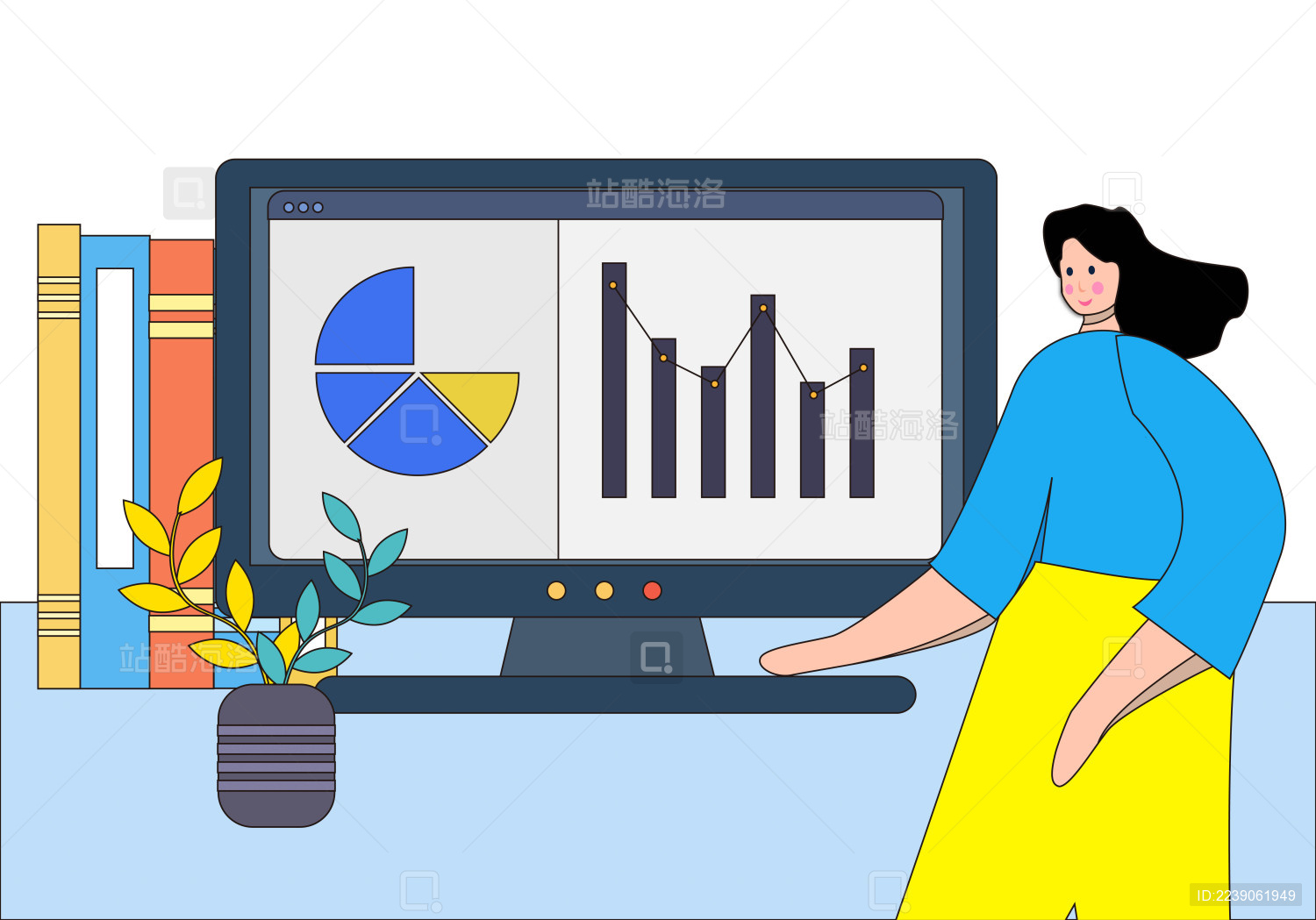 办公室工作的女人-带线条