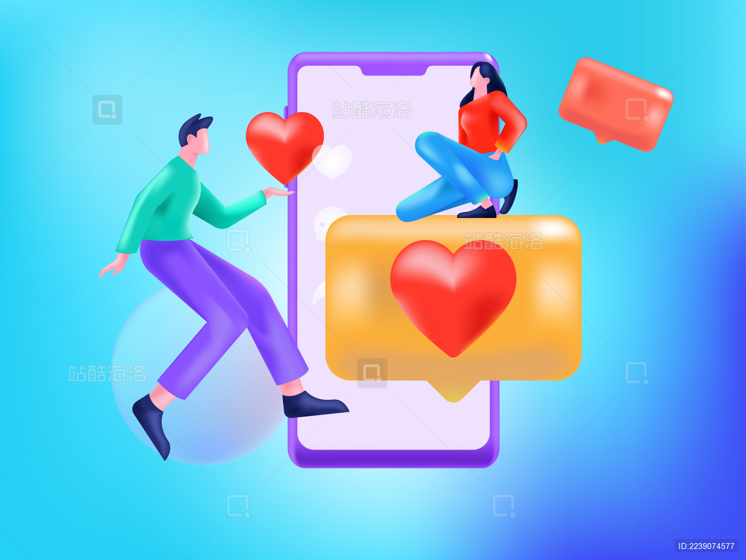 查看朋友圈互相沟通的男女互联网矢量3d插