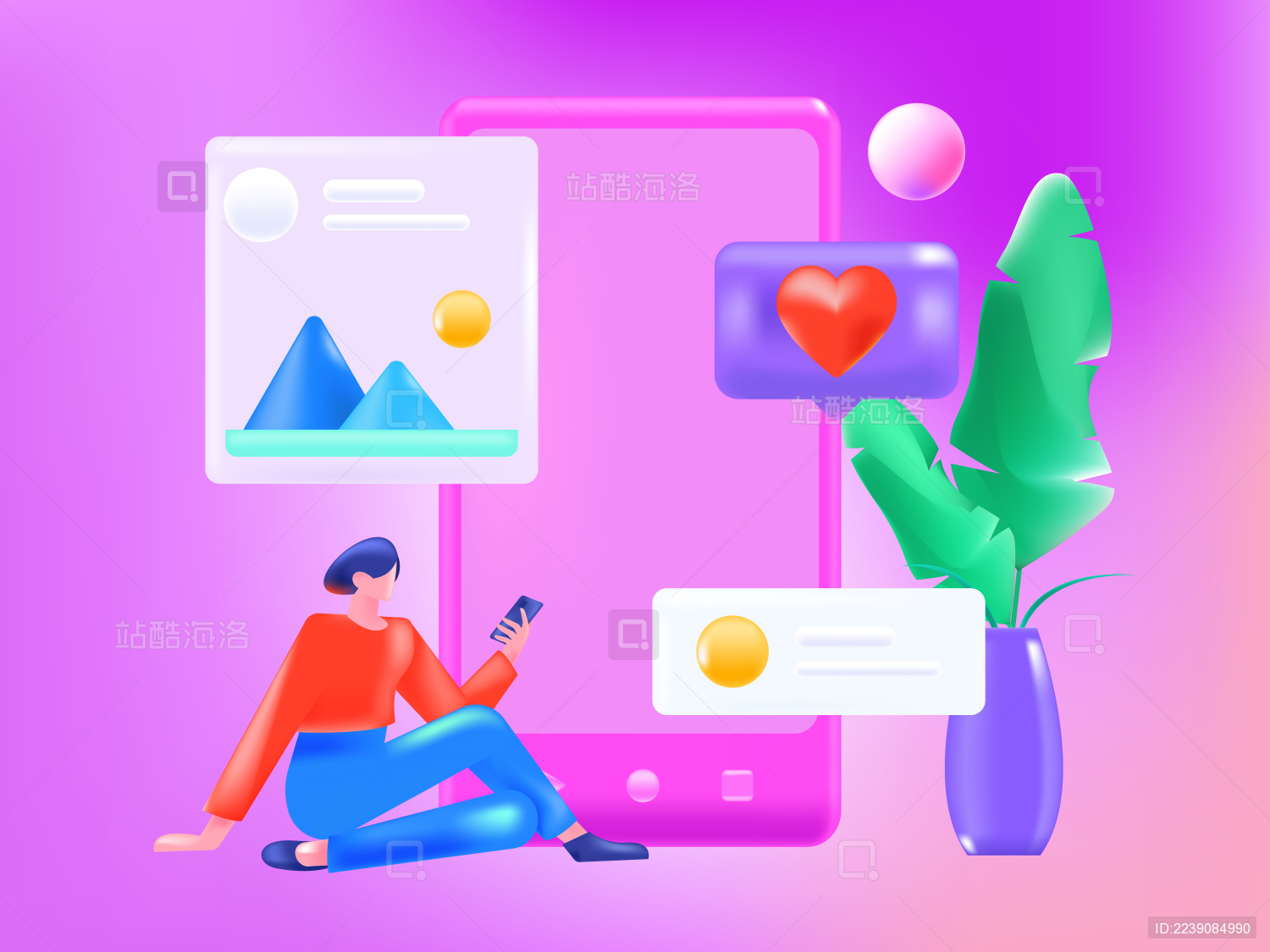 查看朋友圈互相沟通的男女互联网矢量3d插