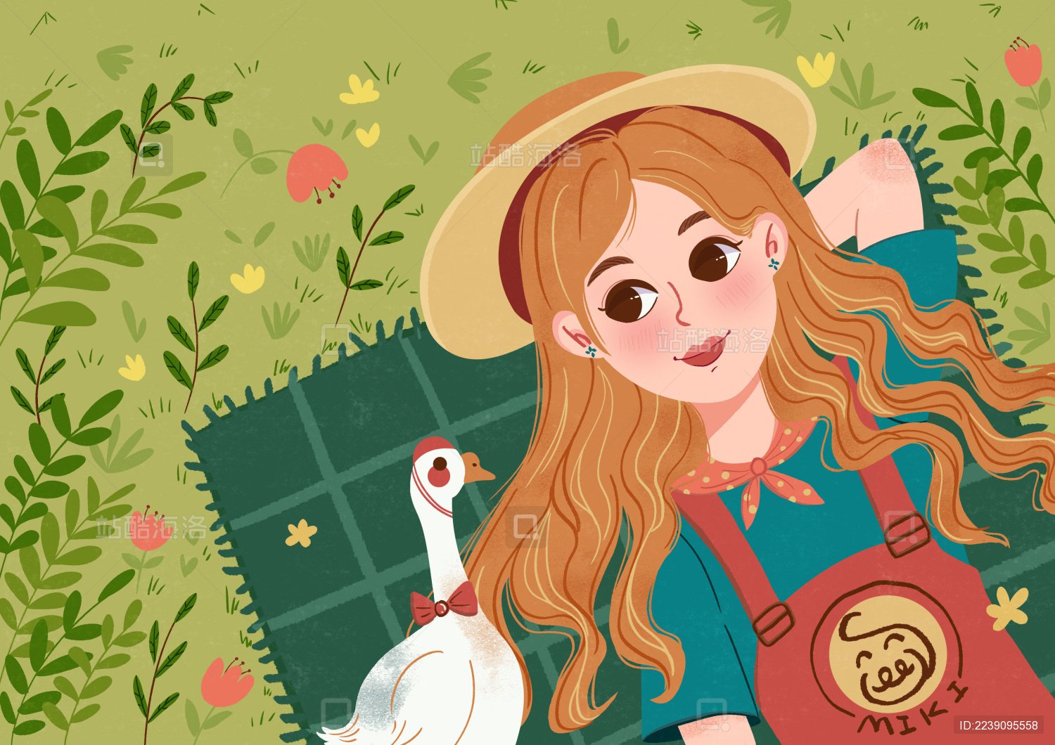 春天长发女孩和大鹅躺在草地上郊游