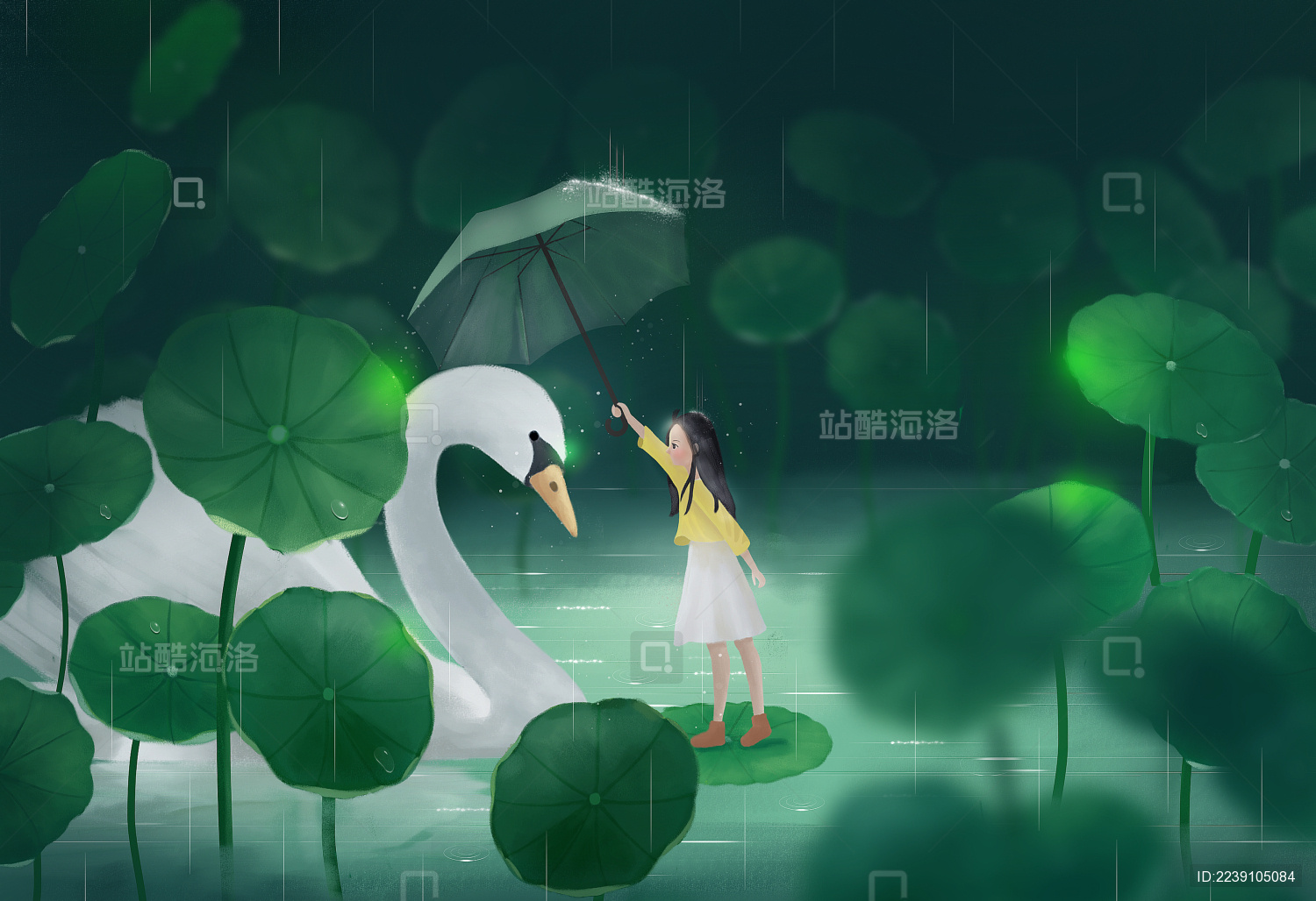 治愈系二十四节气草丛中的天鹅和小女孩插画