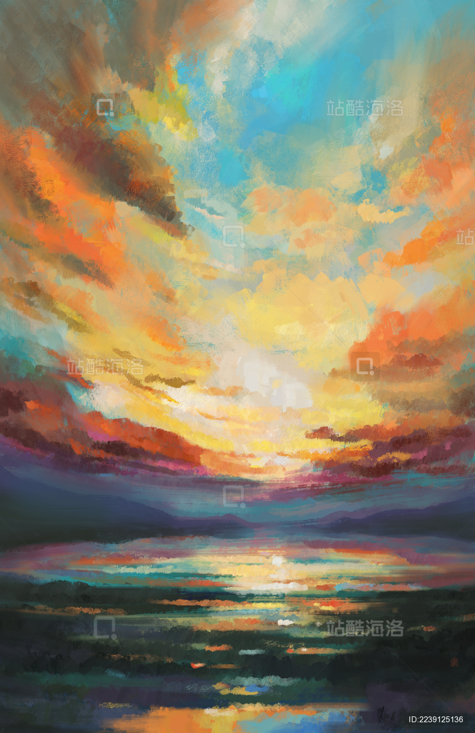 海边晚霞油画感插画