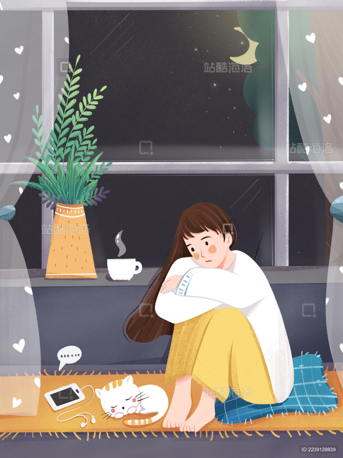 孤独的夜晚女孩一个人坐在阳台