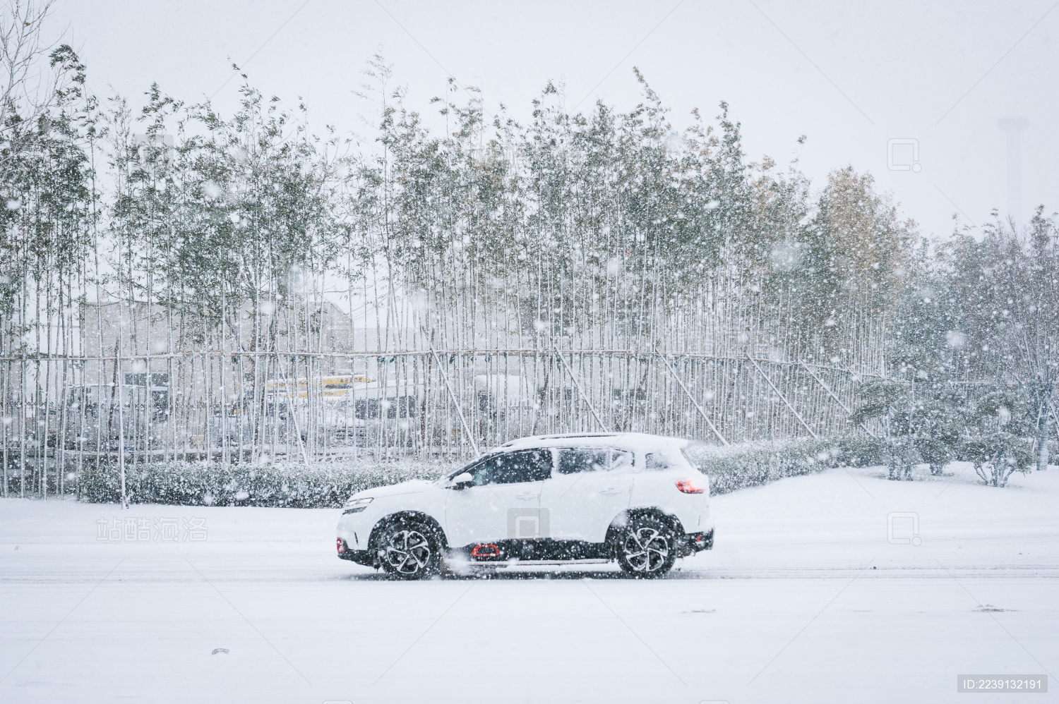 在暴雪里奔驰的汽车