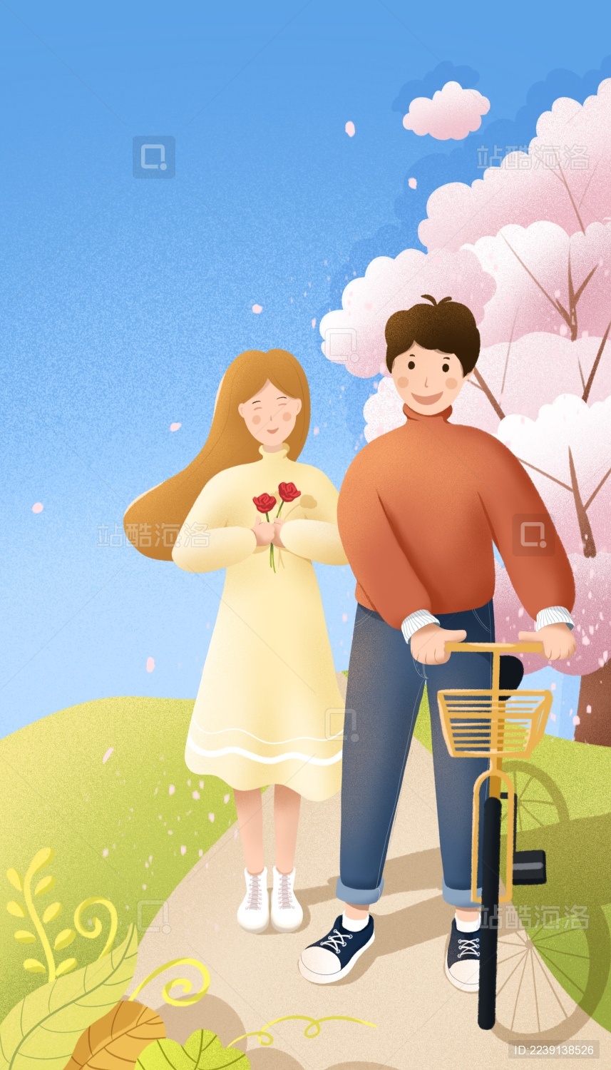 情侣漫步在樱花树下场景插画