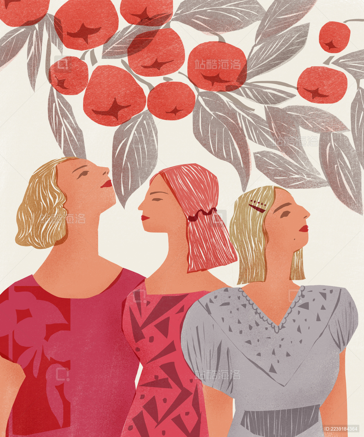 果树下三个女孩插画