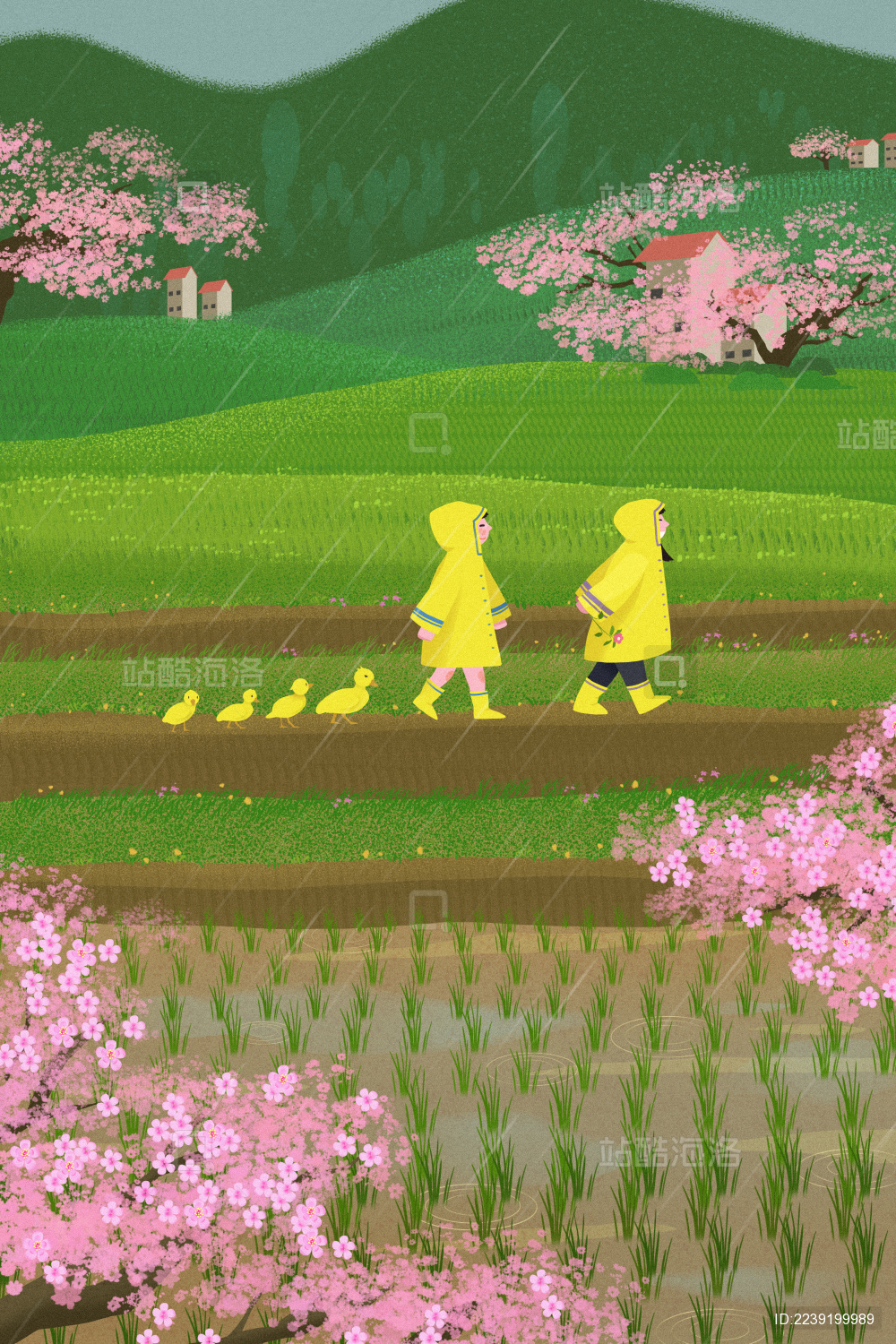 春天两个儿童在雨中赶黄色小鸭子