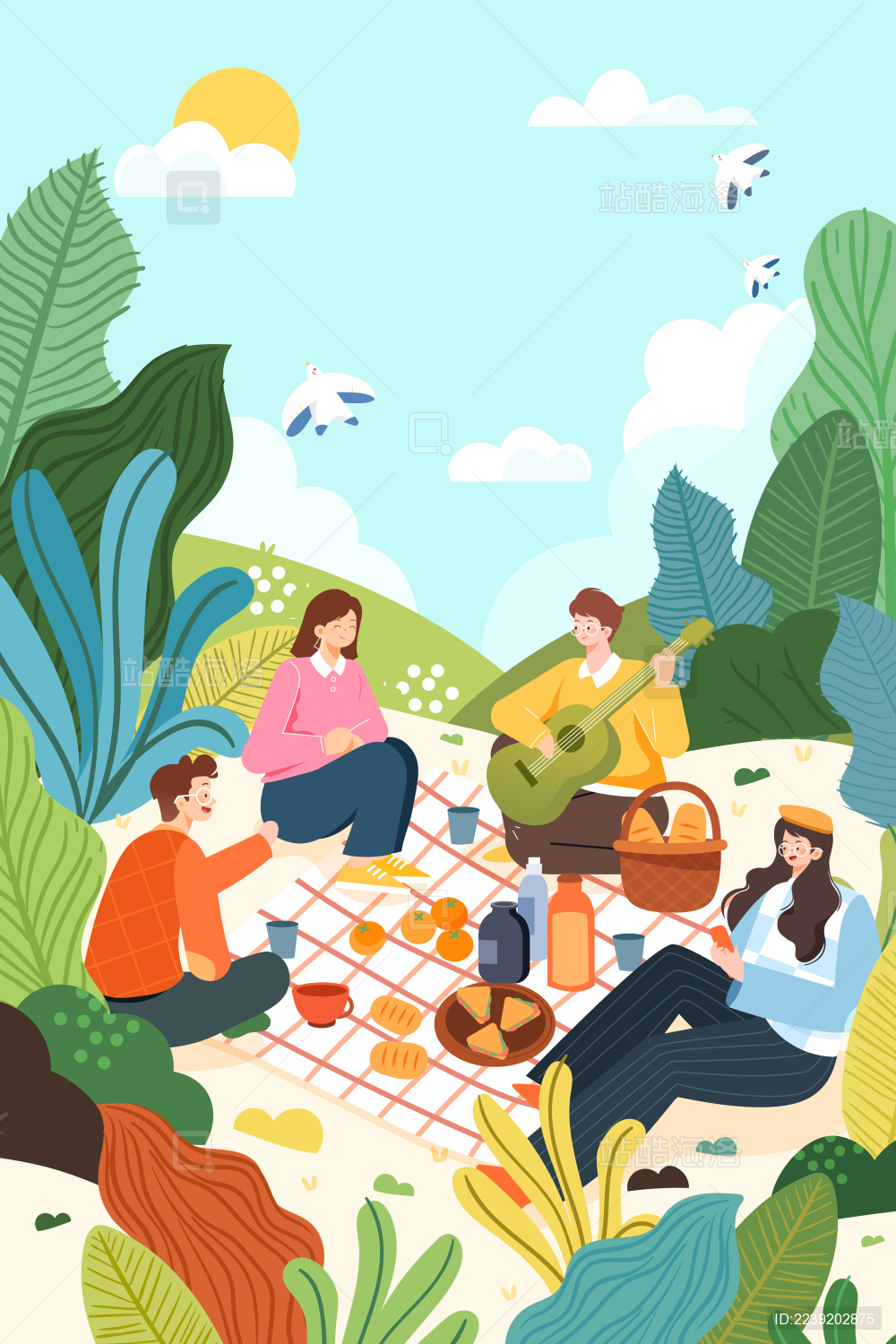 春季野餐的人矢量插画