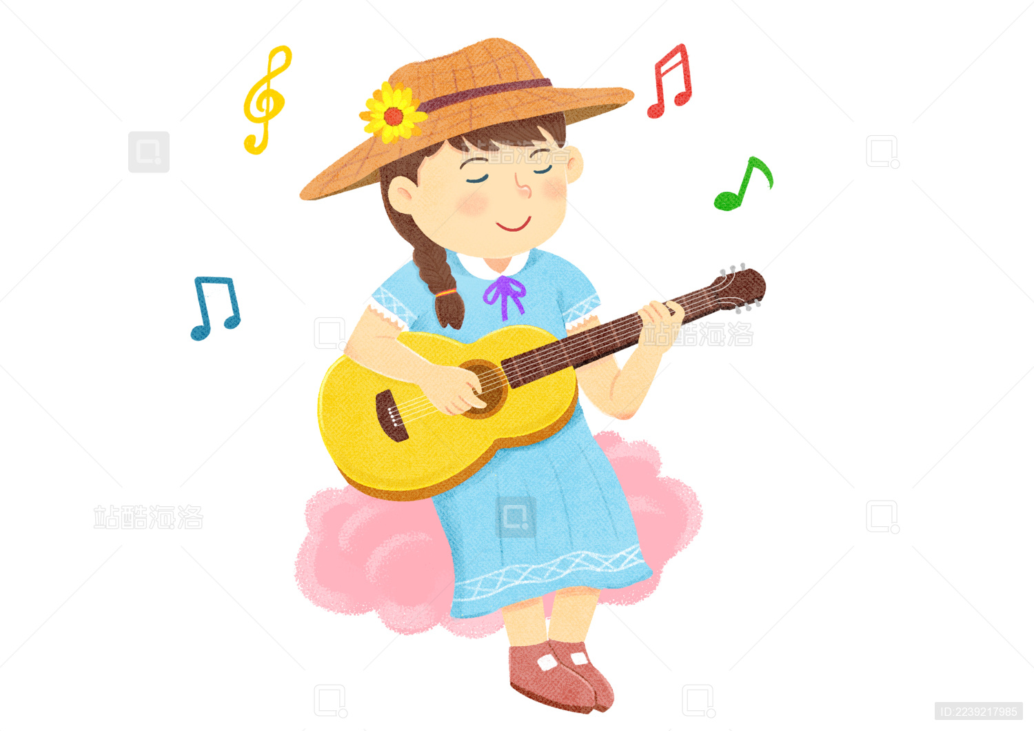 小女孩坐在彩云上奏乐