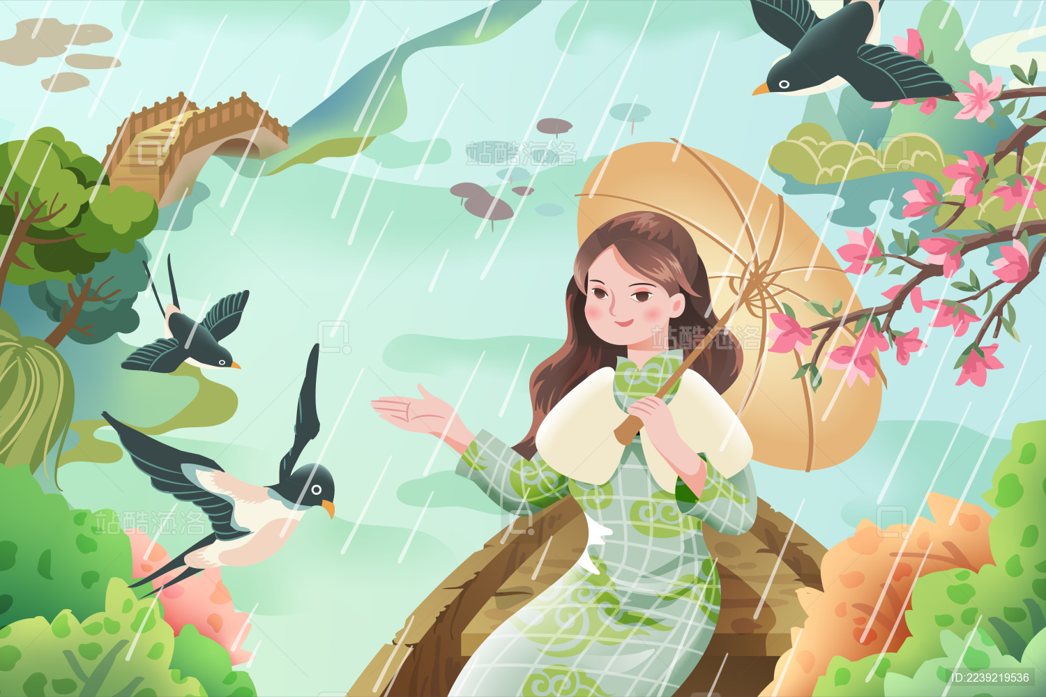 中国风雨水节气矢量插画