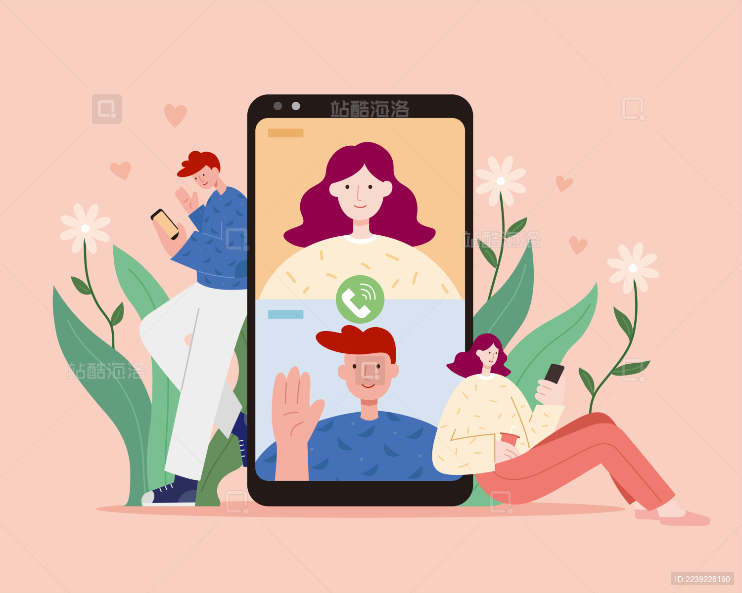 手持手机与朋友进行视频聊天扁平插图