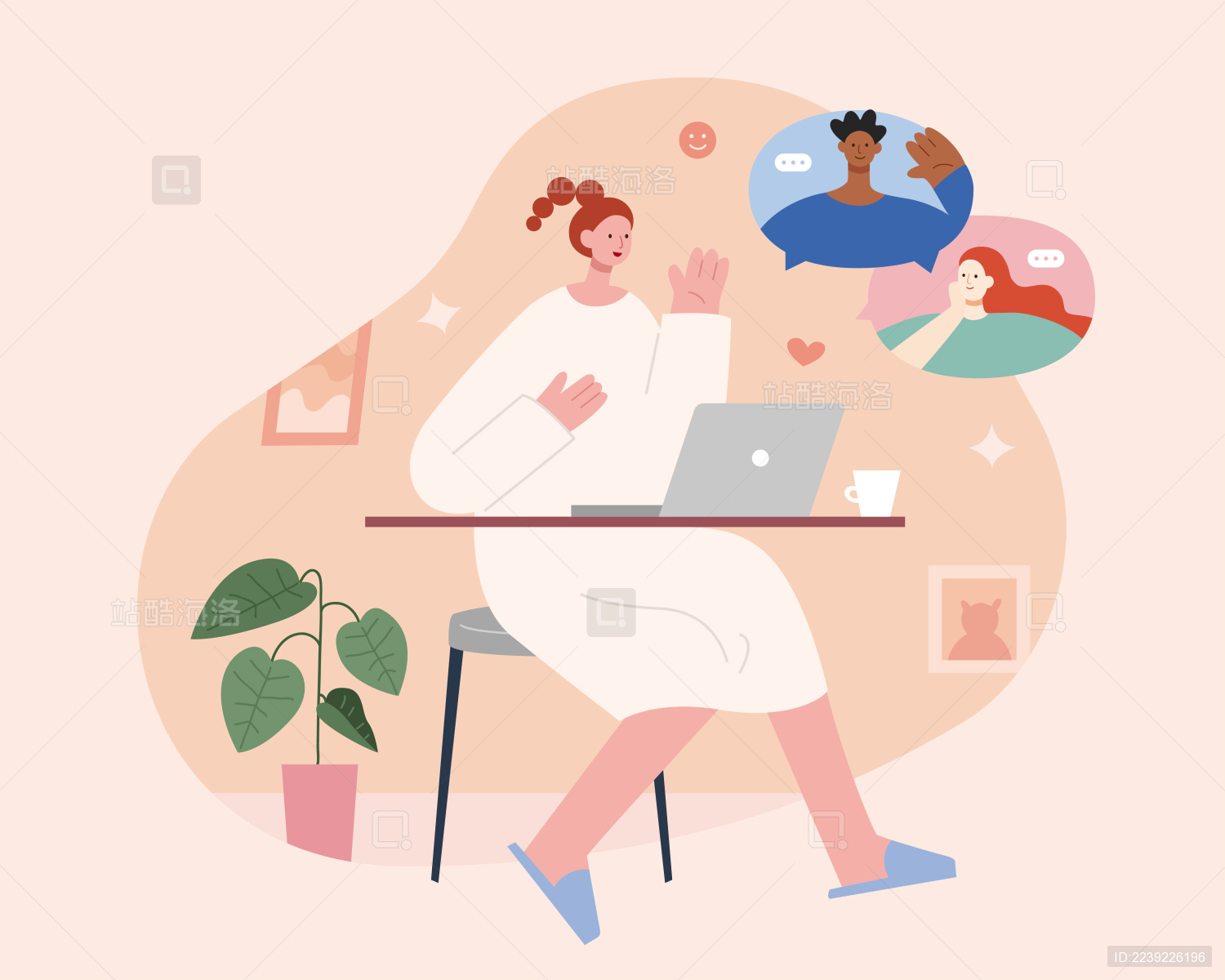 女子在家与朋友进行视频聊天扁平插图