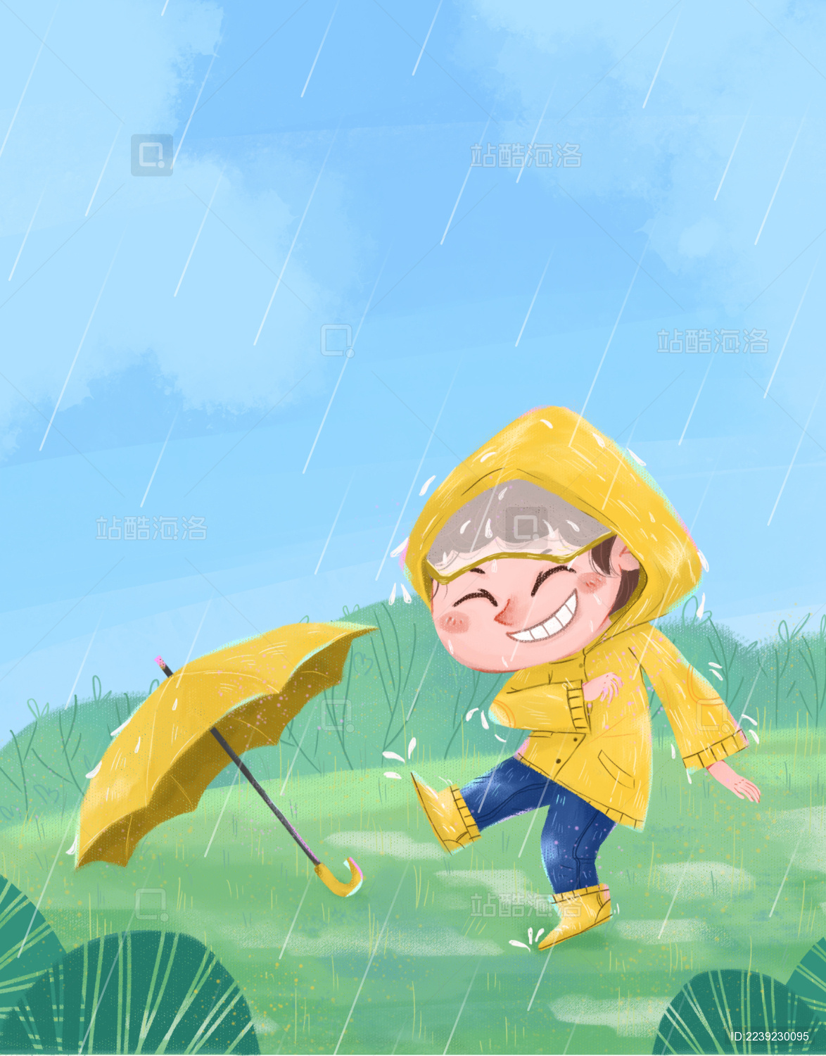 雨水/春天雨天草地玩耍的小男孩/谷雨