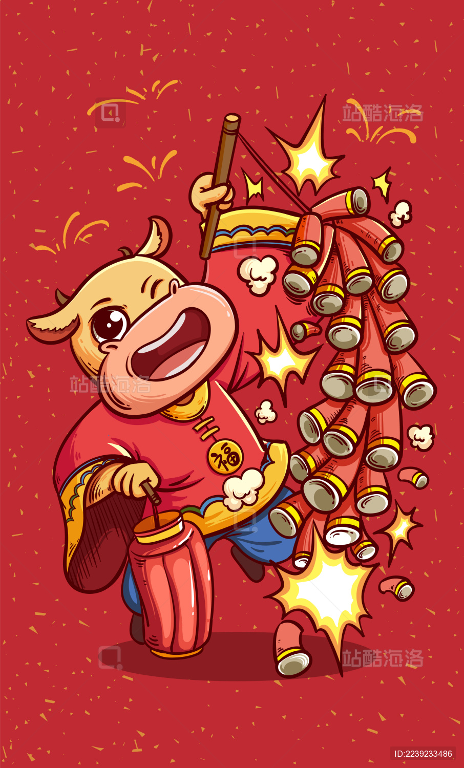 小牛提着灯笼开心的放鞭炮矢量插画
