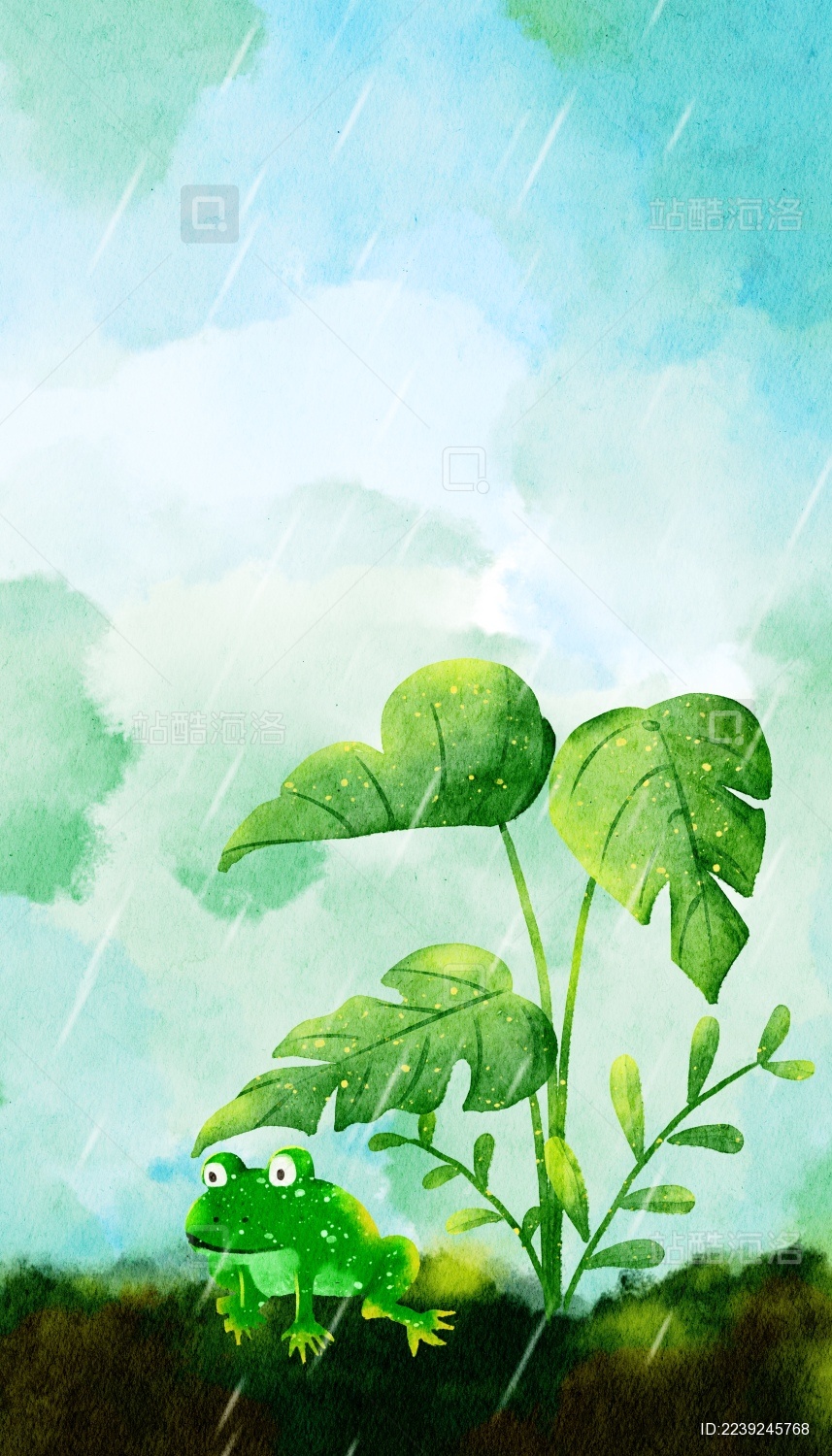 春天雨水节气在植物下避雨的青蛙