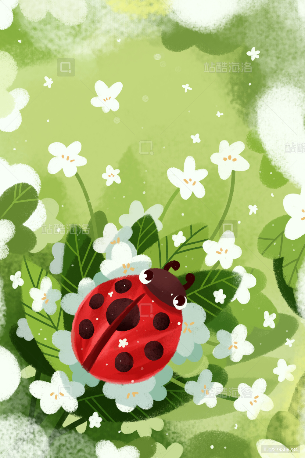 春天一只瓢虫落在花草中