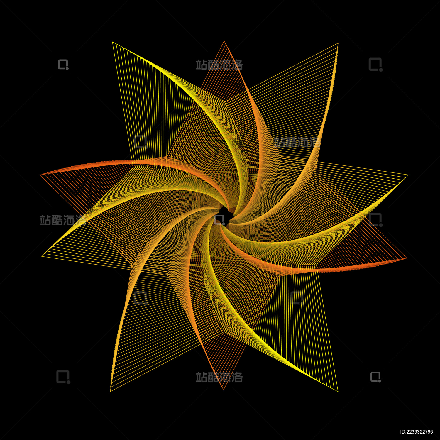 黑底金色渐变尖角旋转线条星型矢量图