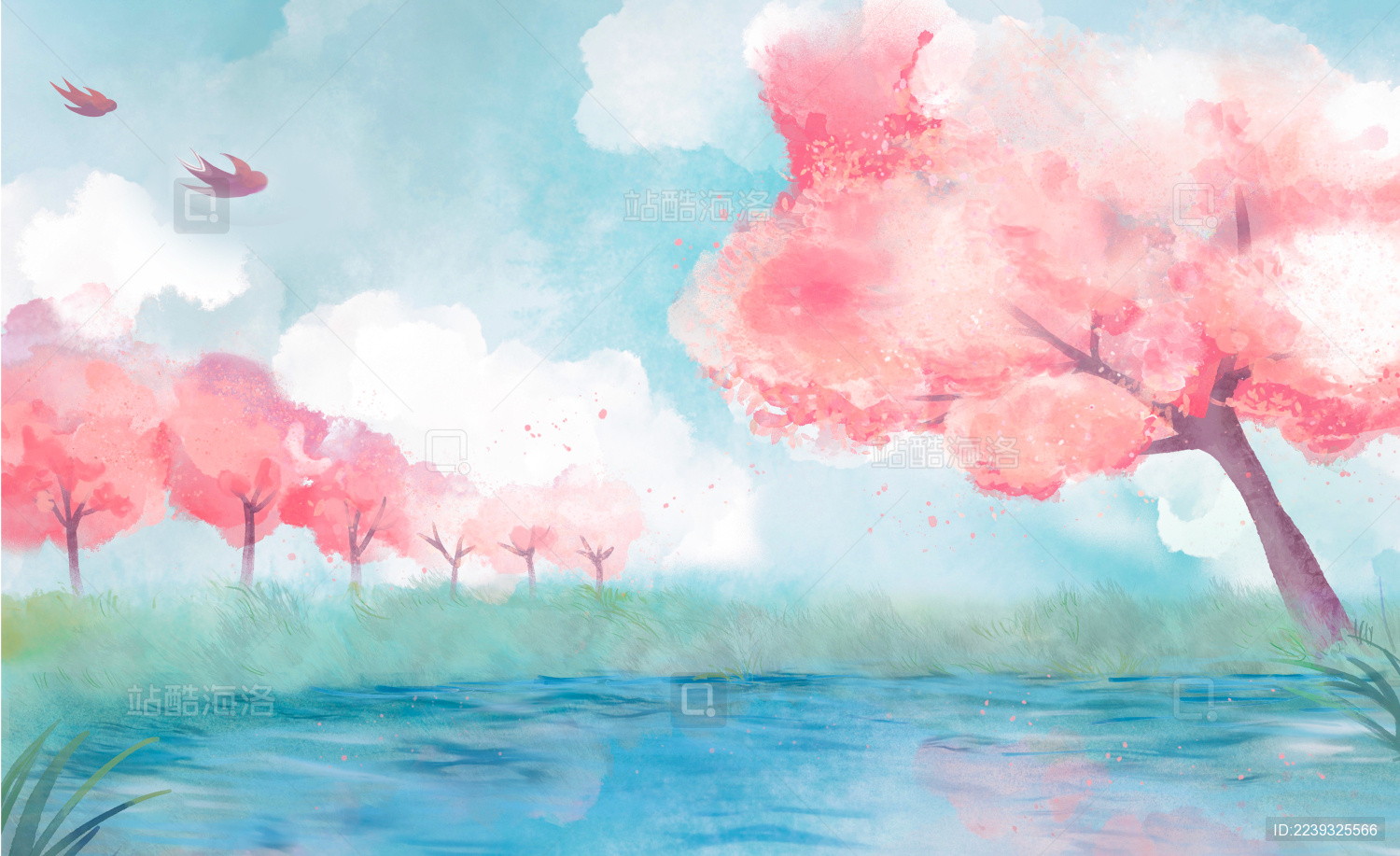 春天在湖边盛开的樱花树水彩插画