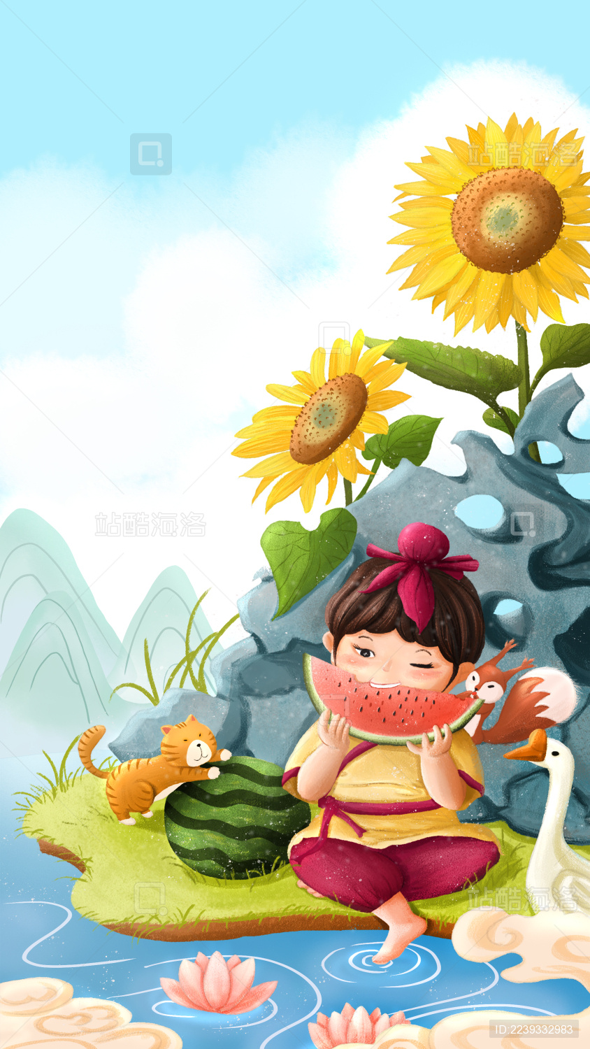 中国风孩童在夏天户外的池塘边吃西瓜