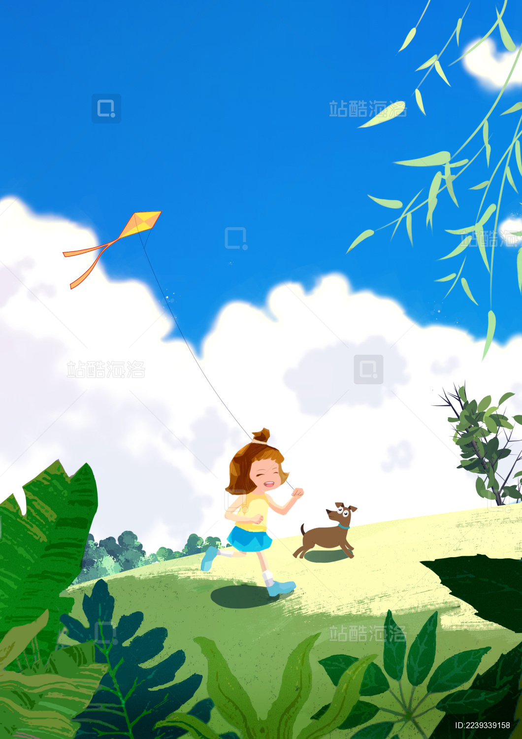 春天踏青小女孩放风筝插画