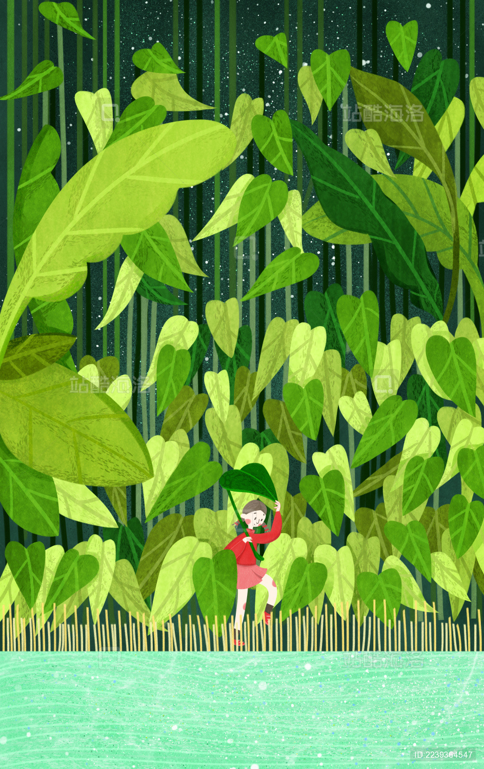 雨水绿色森林红衣服小女孩原创插画海报画面