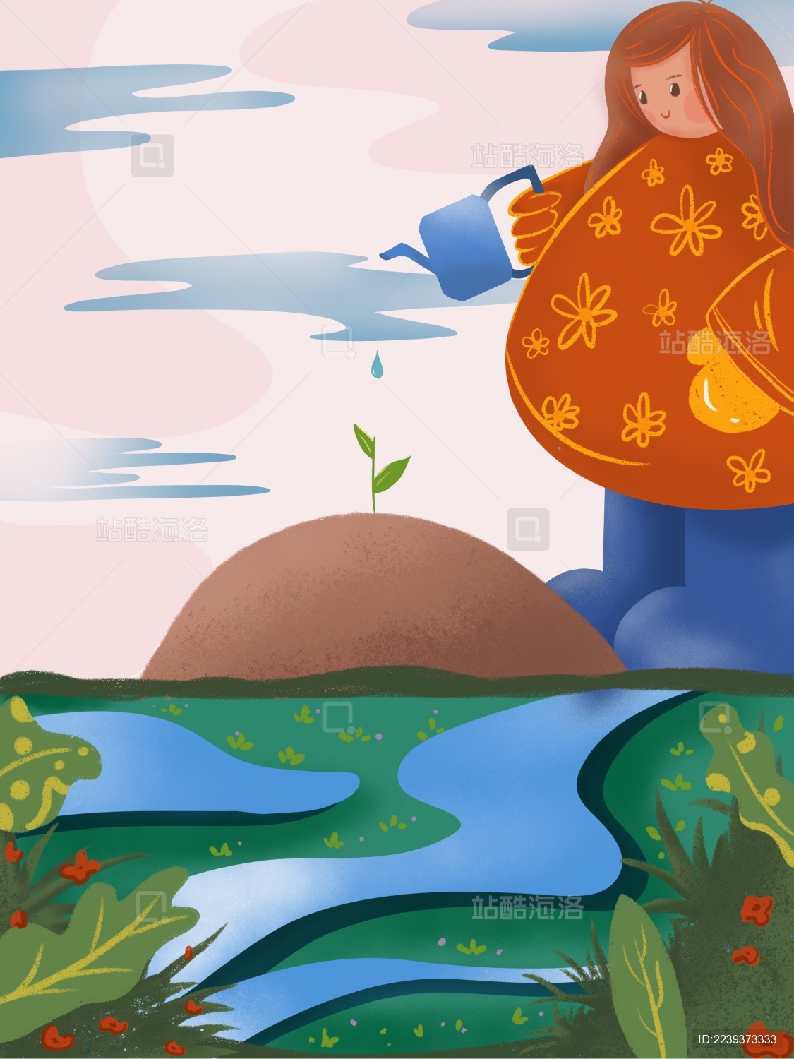 春季主题插画森林小女孩给树苗浇水