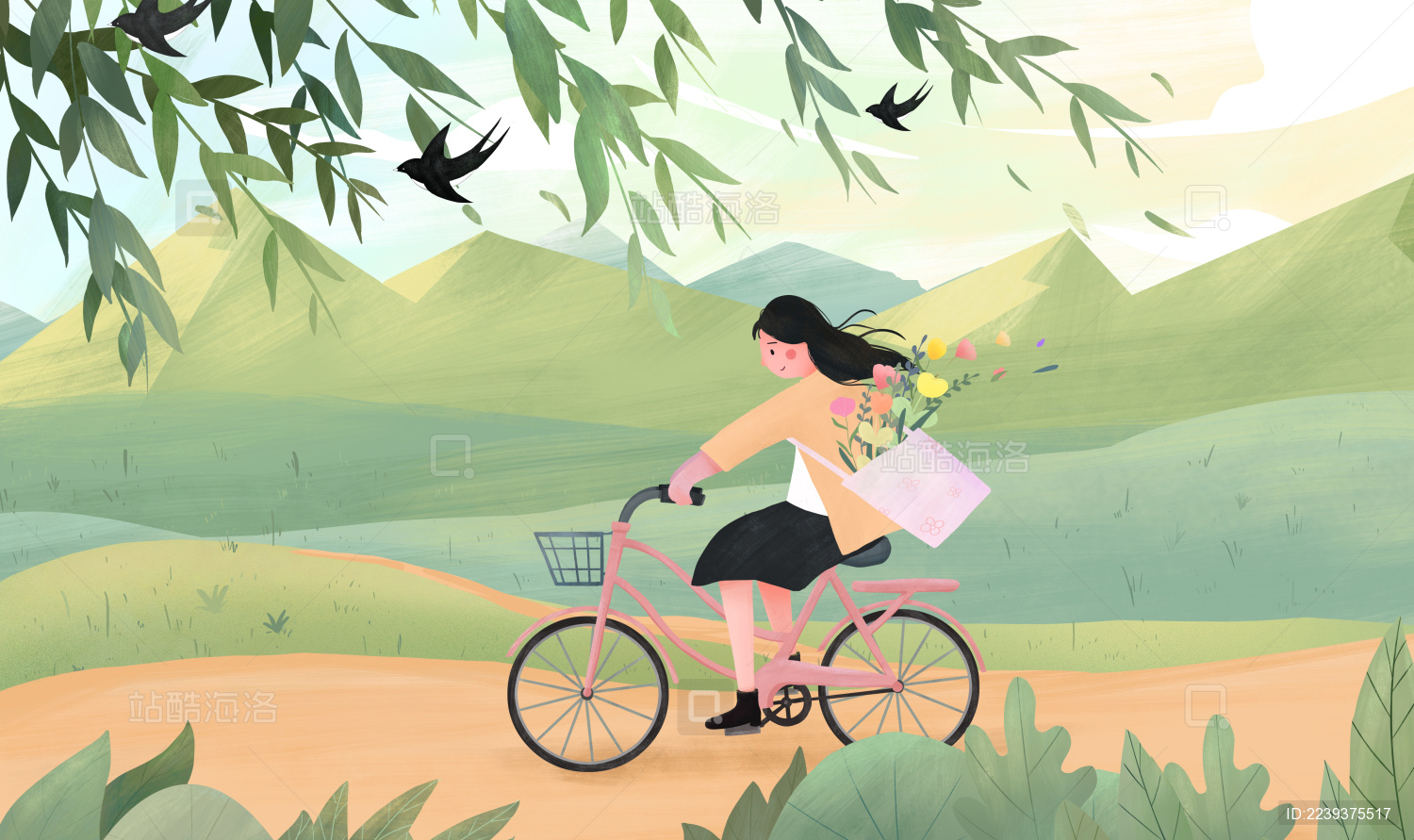 骑着自行车郊游的女孩
