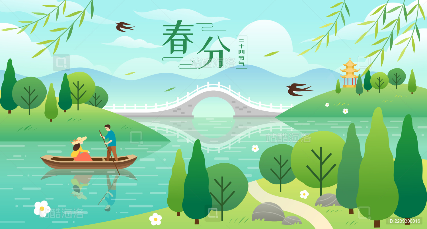 春分时节一对男女在公园划船