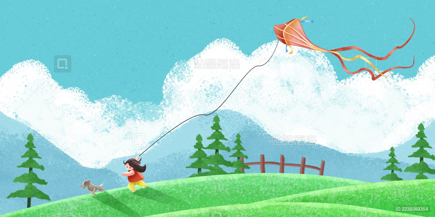 手绘春天里小女孩放风筝插画