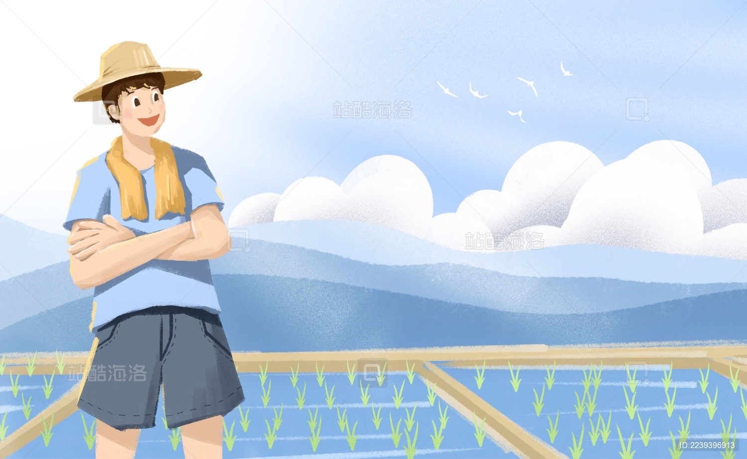 春天耕种的农民和水稻插画