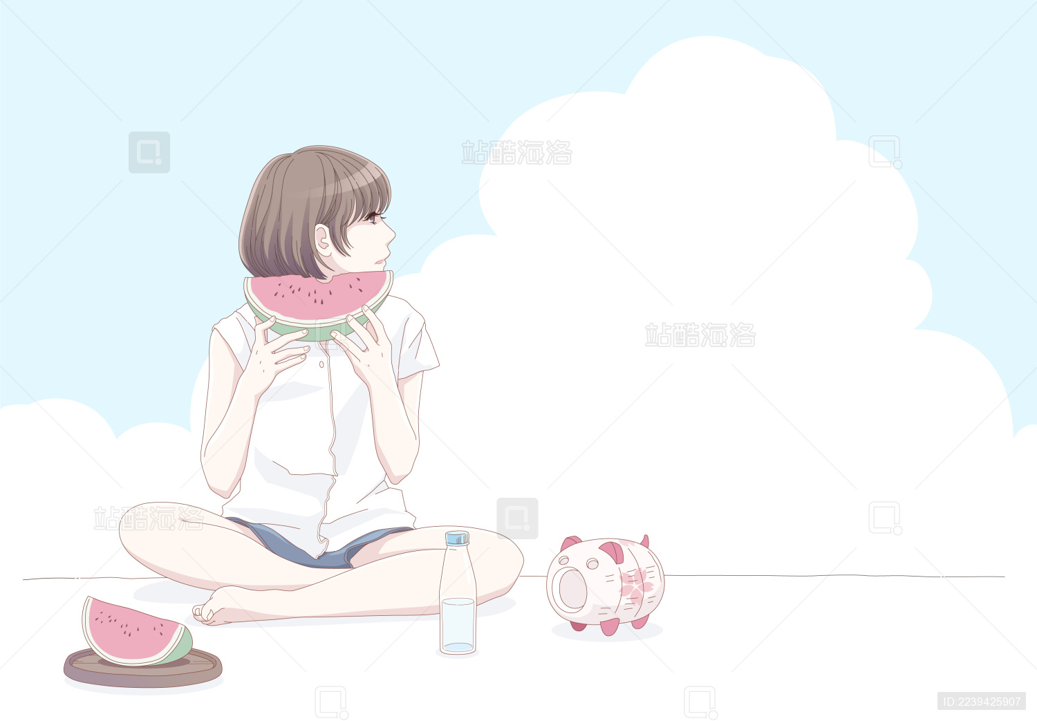 夏天吃西瓜的女孩插画矢量图